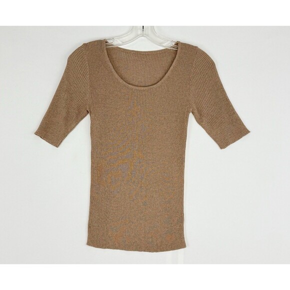 Women’s Ribbed Knit Top Shiny Metallic Stretch Scoop Neck Half Sleeve BM M - Picture 1 of 12
